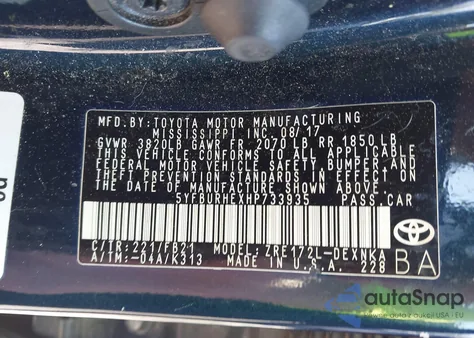 2017 Toyota Corolla L/Le/Se/Se Special Edition/Xle/Xse from USA, damaged, VIN 5YFBURHEXHP733935